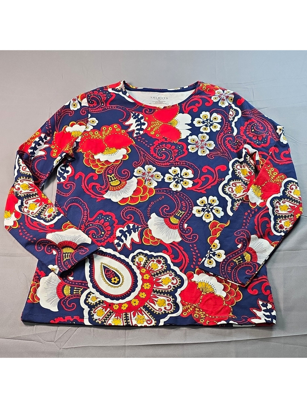 NWOT Talbots Colorful Blue Red White Yellow Floral Knit Stretch Pullover MP